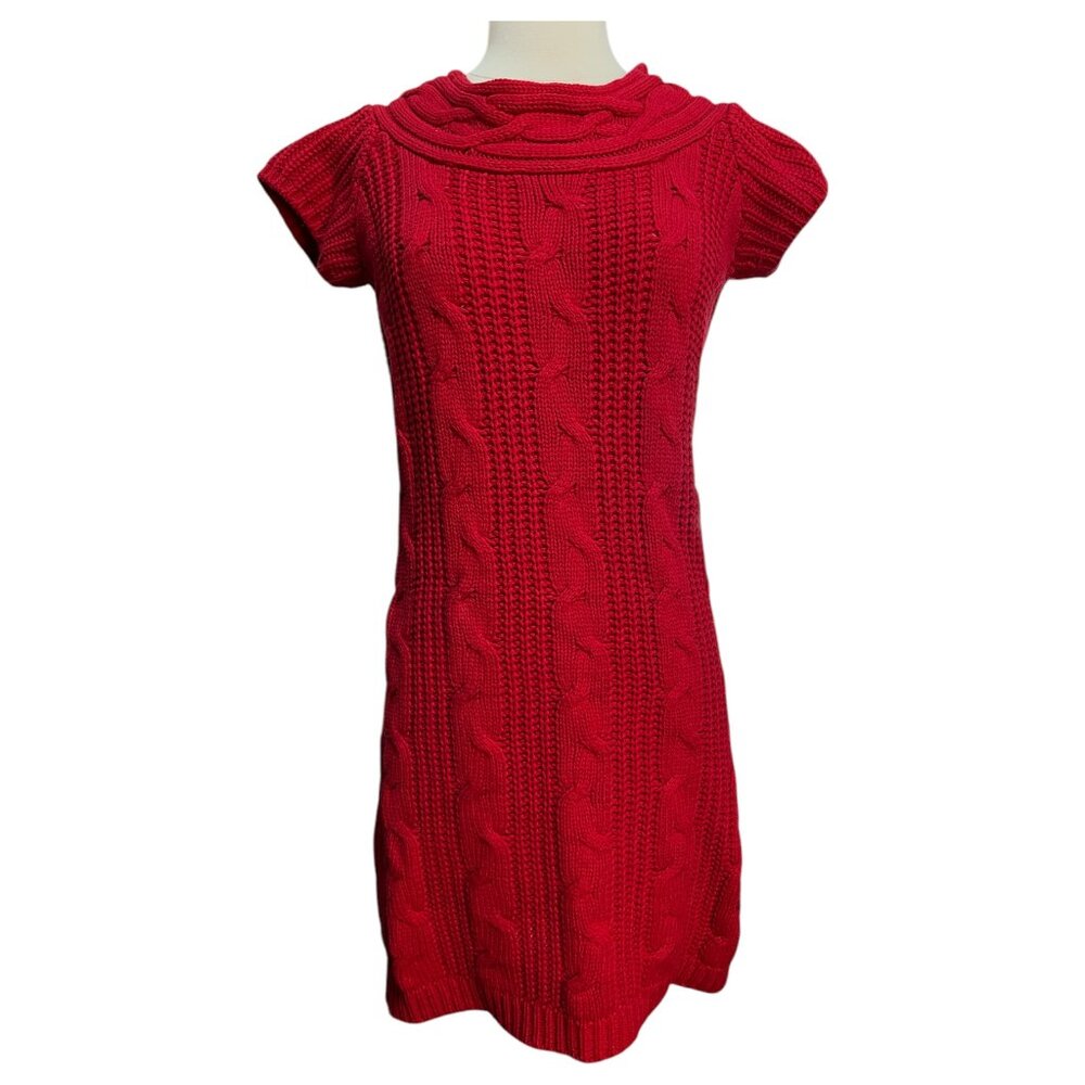 Short red cable knit sweater dress